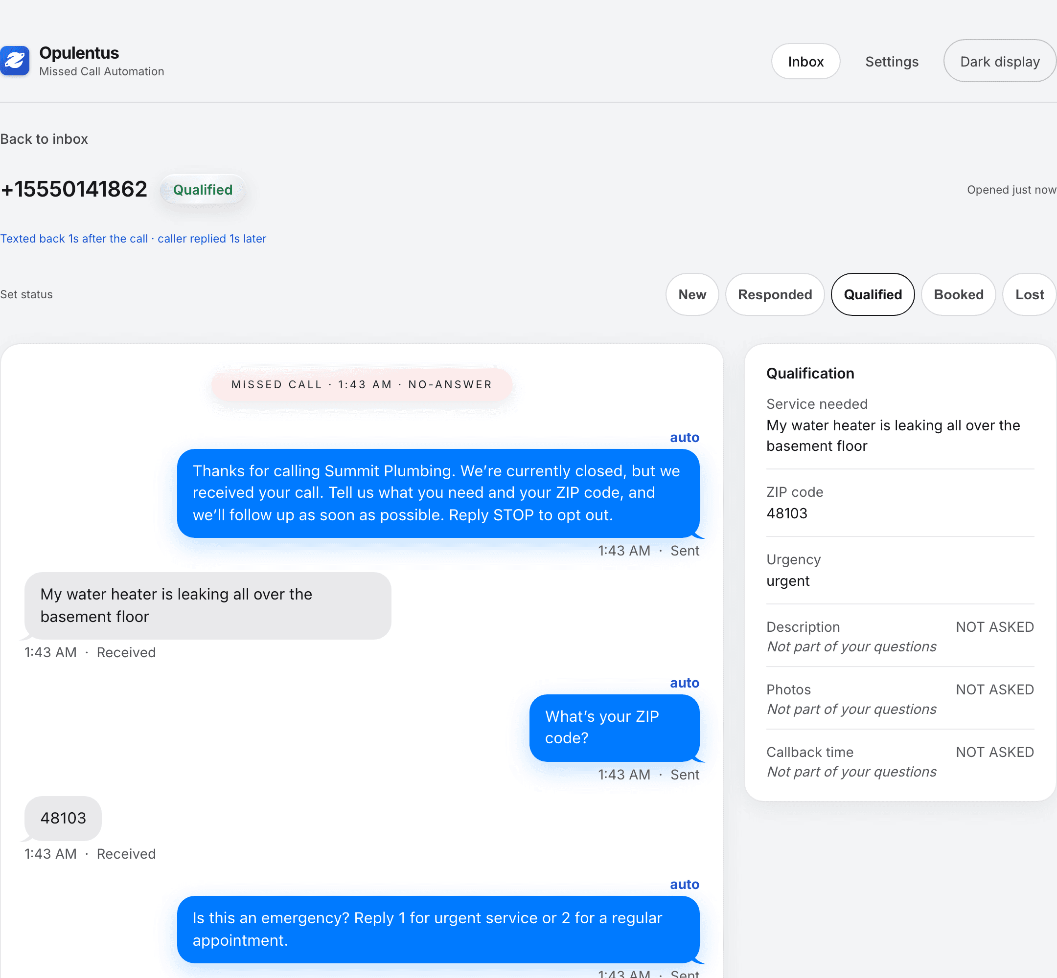 An Opulentus lead marked Qualified: the thread shows the automatic text after a missed call, the caller describing a leaking water heater, and the follow-up questions. A panel beside it lists what was captured: service needed, ZIP code 48103, and urgency urgent.
