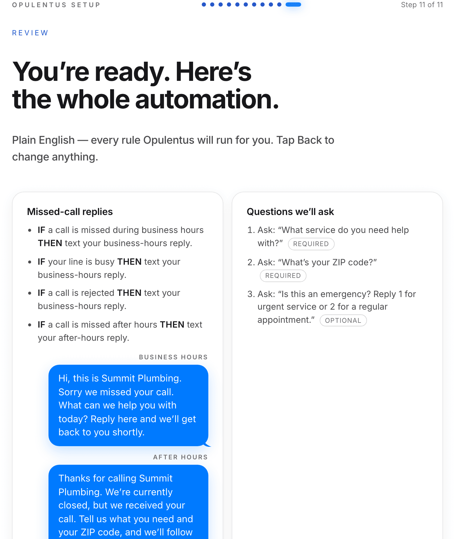 The last step of Opulentus setup, headed You're ready, here's the whole automation. One column lists the rules in plain English: if a call is missed during business hours, if the line is busy, if a call is rejected, then text the business-hours reply; if a call is missed after hours, text the after-hours reply. The business-hours and after-hours messages are shown. A second column lists the three questions that will be asked.